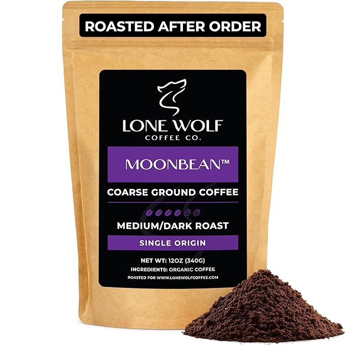 Moonbean - Freshly Roasted After Your Order – Specialty Grade Low Acid Organic Single Origin Medium to Dark Roast Coarse Ground Coffee No Bitterness Ethically Sourced 12OZ Compostable Bag