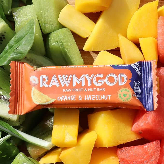RAWMYGOD Fruit and Nut Bars Good Source of Protein (10g 25% protein content) Gluten Free Vegan No Added Sugar (16 bars Orange &amp Hazelnut)