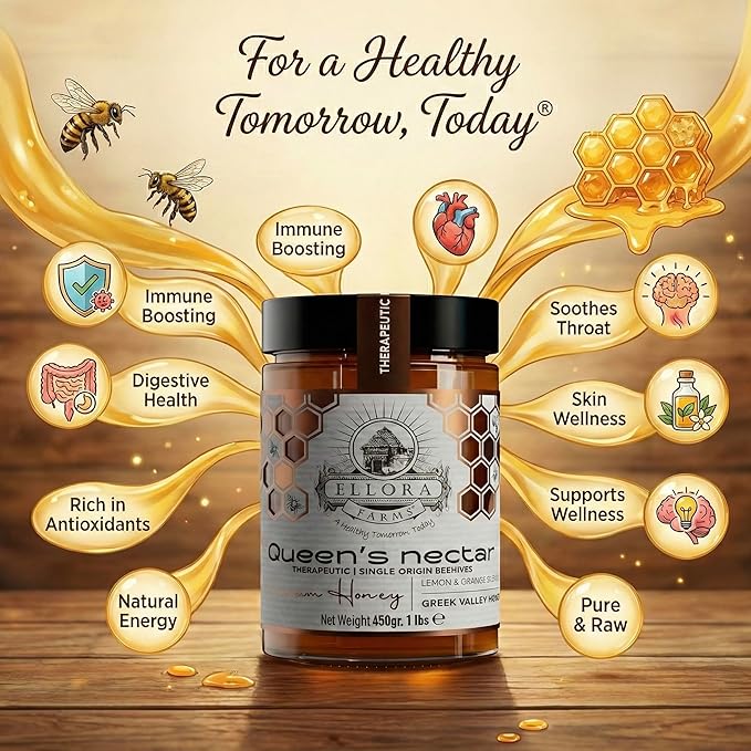 Ellora Farms Greek Honey Lemon &amp Orange Blossom Raw Honey Unfiltered 2025 Paris Platinum Award Non-GMO and Unpasteurized Dipper Included - 450g (1lbs)