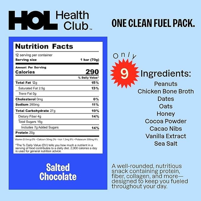 HOL Bone Broth Protein Bars - Salted Chocolate - 20g Whole-Food Protein - Natural Energy Snack Made with Real Ingredients - Gluten-Free No Artificial Additives - Great On-the-Go Fuel - 12 Pack