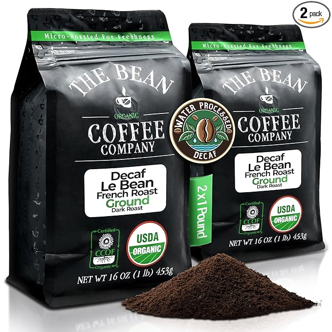 The Bean Organic Coffee Company Water Processed DECAF Le Bean Dark French Roast Ground Coffee 16-Ounce Bags (Pack of 2) Café Molido Tostado Orgánico descafeinado