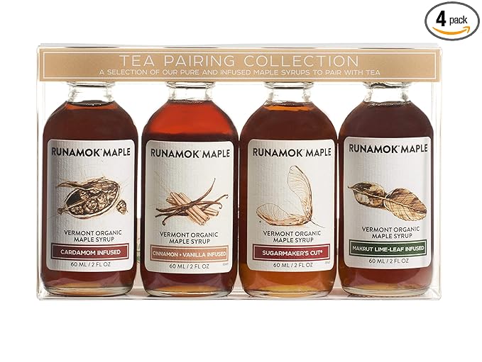Runamok Organic Vermont Maple Syrup Sampler | Tea Pairing Maple Syrup Collection | 2 oz (4 count) | 60mL | Traditional and Infused Organic Maple Syrups