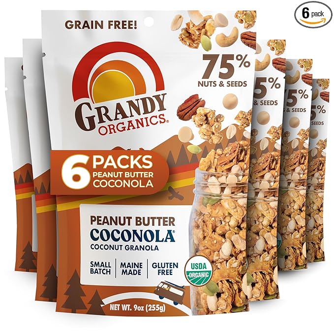 Grandy Organics Peanut Butter Coconola Granola Gluten Free Grain Free Peanut Butter Granola with 5g Plant Based Protein 9oz (Pack of 6)
