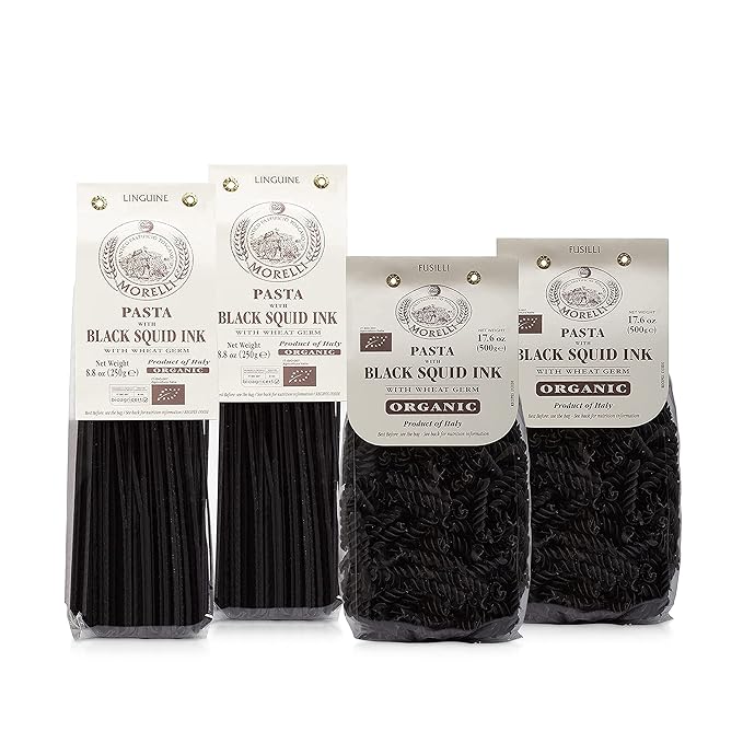 Morelli Squid Ink Pasta Linguine- Organic Italian Pasta - Black Pasta Noodles - Durum Wheat Semolina &amp Squid Ink Pasta Fusilli (Rotini) - Organic Italian Pasta - Black Pasta Noodles