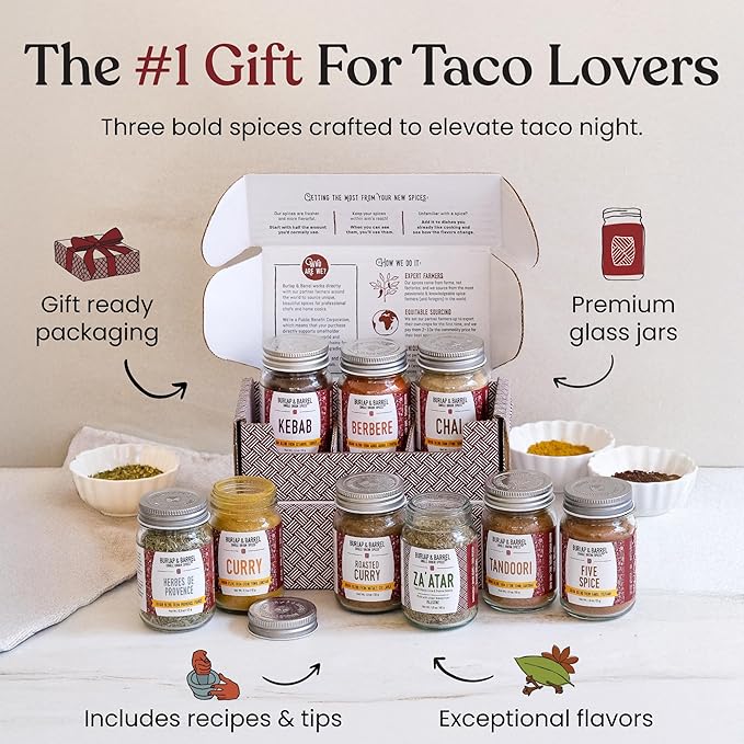 Burlap &amp Barrel Taco Seasoning Single Origin Spice Set - Wild Mountain Cumin Sun-Dried Tomato Ground Black Lime - As seen on Shark Tank - 3 Full Size in a Gift Box