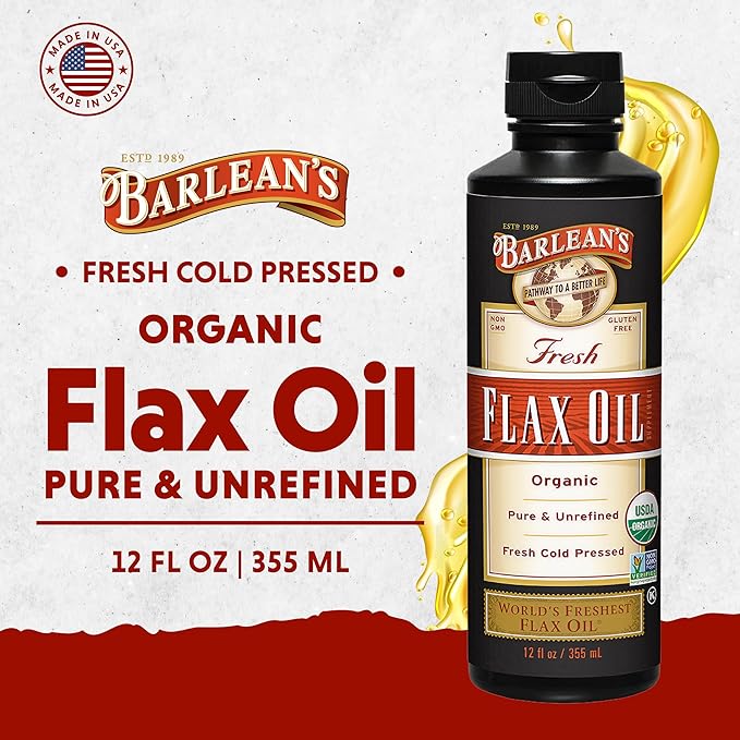 Barlean's Organic Flaxseed Oil Liquid from Fresh Cold Pressed Flax Seeds 7640mg ALA Omega 3 Fatty Acid Supplement for Healthy Hair Skin and Eyes Vegan and Gluten Free 12 oz