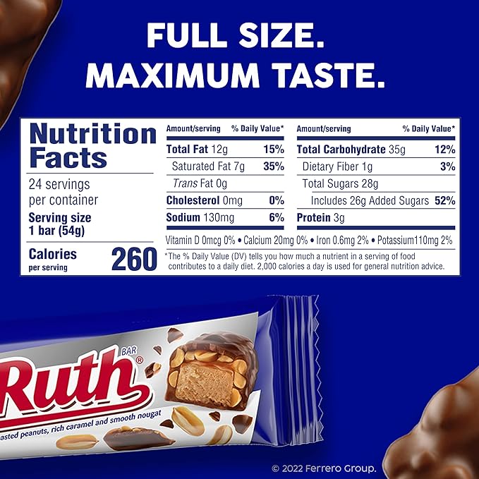 Baby Ruth Chocolatey Peanut Caramel Nougat Full Size Individually Wrapped Candy Bars 1.9 oz each Bulk 24 Pack