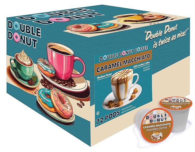 Double Donut Coffee Caramel Macchiato Flavored Coffee PodsMedium Roast Coffee Compatible with Keurig K Cups Brewers 72 Count