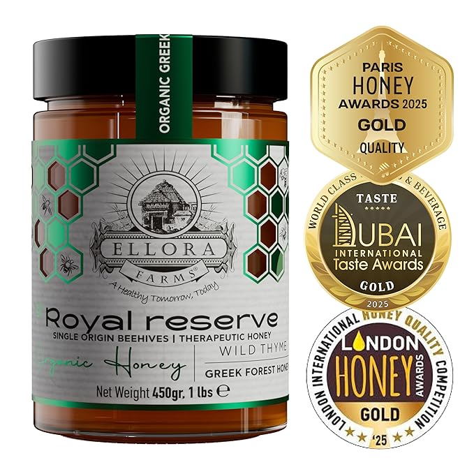 Ellora Farms Greek Honey Bundle – Wild Thyme Raw &amp Lemon-Orange Blossom Award-Winning Organic Unfiltered Gift Set (2x450g)