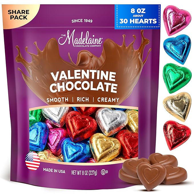 Madelaine Milk Chocolate Mini Hearts Individually Wrapped Rainbow Foil – Valentine’s Day Candy for Kids Classroom Gifts &amp Treat Bags 8 oz