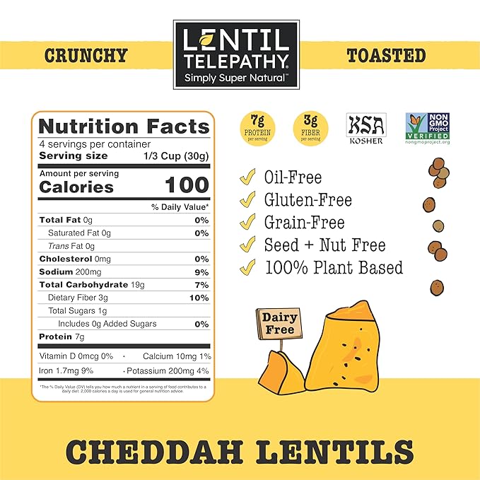 Lentil Telepathy Breakfast &amp Snack Variety Pack - Healthy Snacks for Adults and Kids Alternative Granola or Cereal Breakfast Low Calorie Dairy-Free Oil-Free - 1 Ounce Bags (Cheddah Pack of 16)