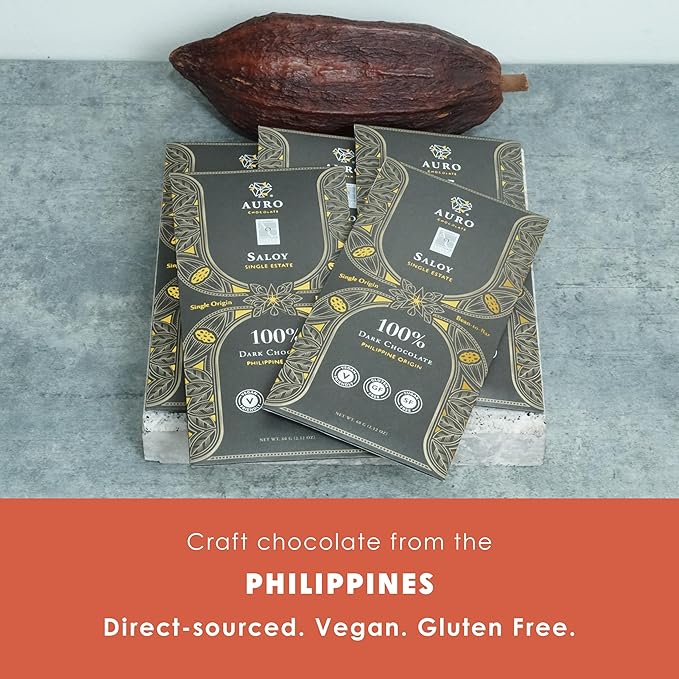 Auro Reserve Saloy 100% Dark Chocolate 5 Pack - Filipino Chocolate - Premium Made At Origin Direct Trade Bean-to-Bar Woman Owned BIPOC Owned - Vegan Gluten-Free - Bundle