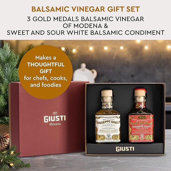 Giusti Balsamic Vinegar of Modena Gift Set – Gran Deposito Aceto Balsamico di Modena and White Balsamic Vinegar-Based Condiment Box Set Italian Gifts – 2 x 8.45 fl oz (2 x 250 ml)