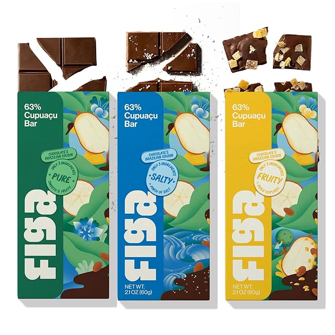 Figa Foods 63% Cupuaçu Bars - Naturally Caffeine-Free Date Sweetened Vegan Gluten Free Only 3 Ingredients Variety Pack - Pure Salty + Fruity