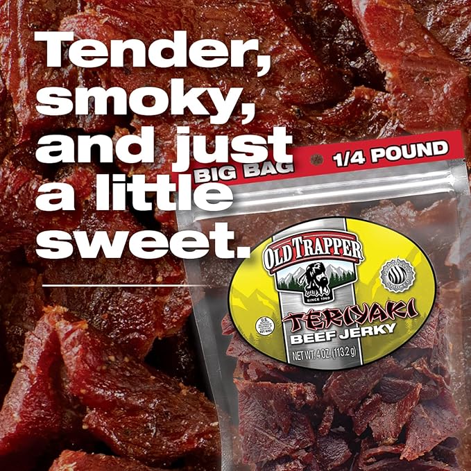 Old Trapper Beef Jerky Teriyaki 1/4-Pound Individual Package Savory and Sweet Meat Snack for Lunches or Between Meals 11 Grams of Protein Zero Grams of Fat 70 Calories per Serving (Pack of 8)