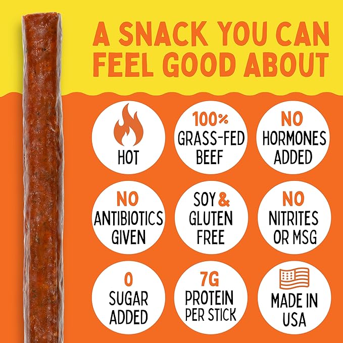 Spicy Habanero Tex-Mex Sogo Snacks 100% Grass Fed Beef Sticks. No Sugar Nitrates Nuts MSG. Non-GMO. Gluten Free Beef Jerky. Soy Free Dairy Free Snacks. Paleo &amp Keto Snack (Tex-Mex 144 Cnt)
