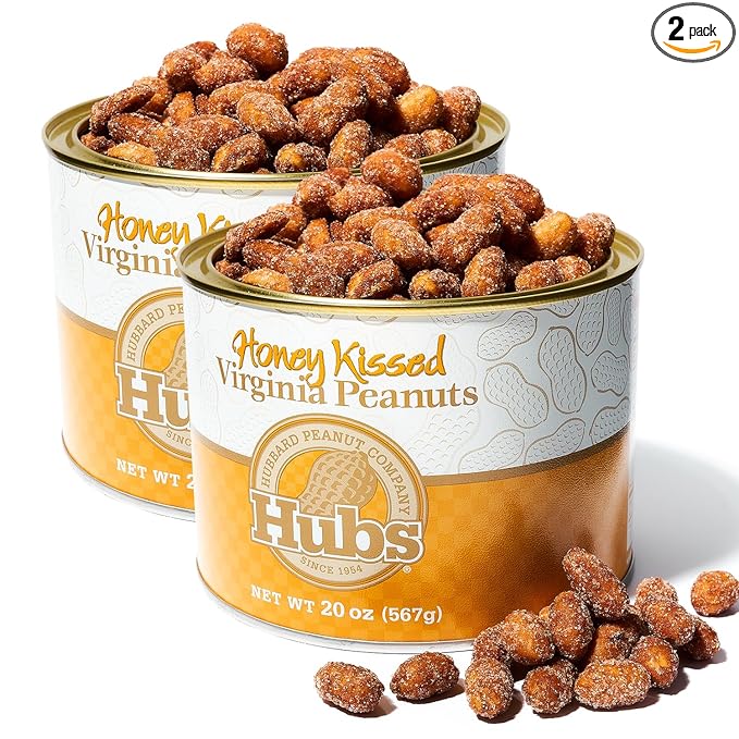 Hubs Peanuts Super Extra-Large Honey Kissed Virginia Peanuts - Premium Virginia Nuts with All-Natural Sweet Honey Coating - Healthy Snacks in Reusable Vacuum-Sealed Tin - 2 Packs of 20 oz Cans