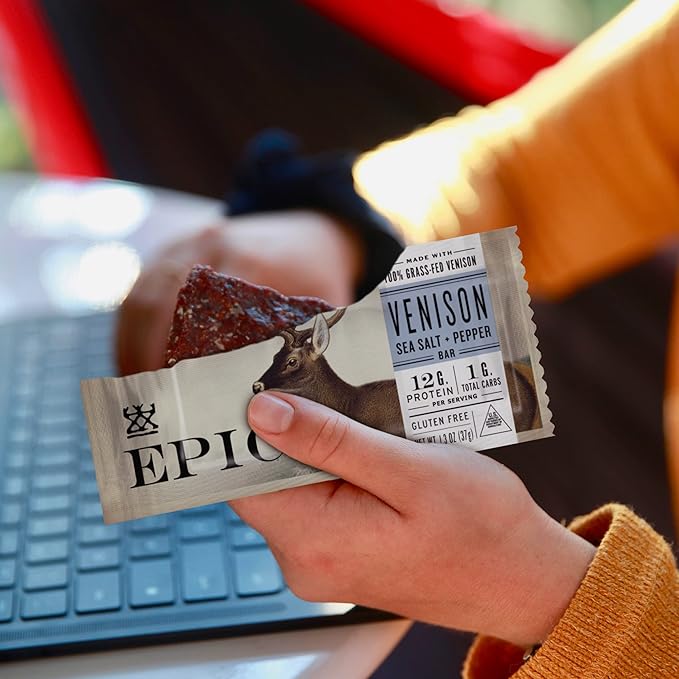 EPIC Bars Venison Sea Salt and Pepper Bar Keto Friendly Whole30 Approved Gluten Free 12 Count 15.6 oz