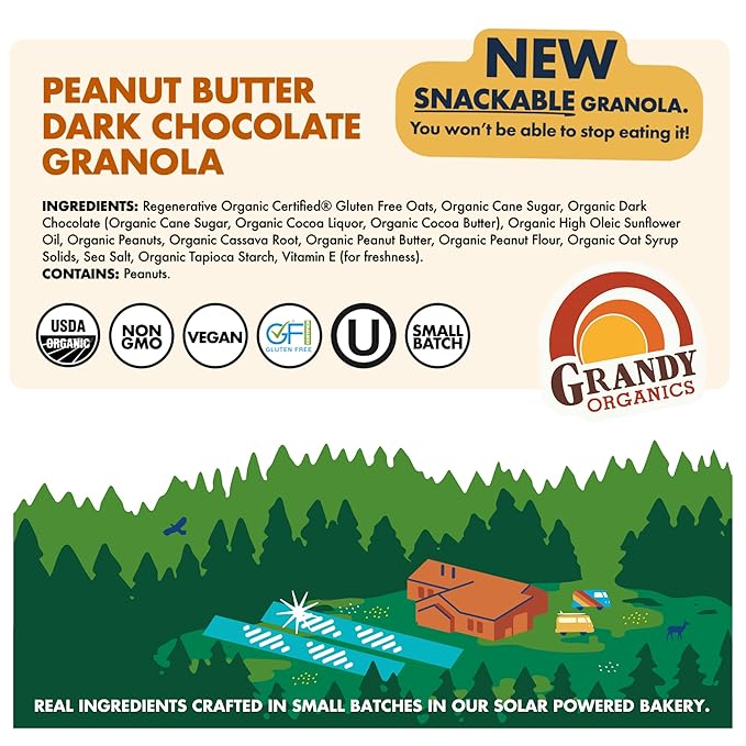 Grandy Organics Peanut Butter &amp Dark Chocolate Granola - 6g Protein Snackable Granola Clusters - Whole Grain Gluten Free Non-GMO Certified Organic Healthy Snacks - Pack of 3