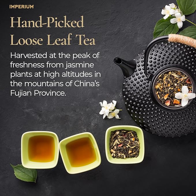 Imperium Spring Jasmine Green Tea Loose Leaf (4oz) Hand-Picked Premium Quality Brews 100 Cups Naturally Refreshing and Relaxation Beverage Delicate Floral Aroma Smooth and Soothing Finish