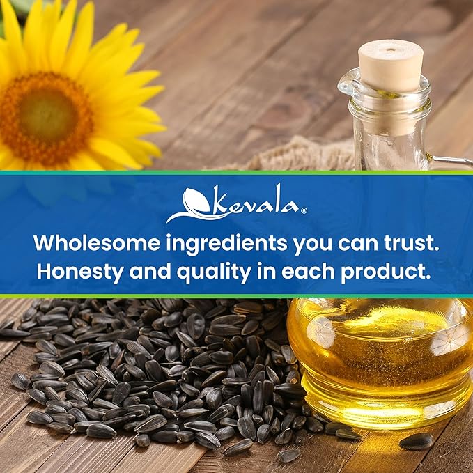 Kevala Organic Sunflower Oil - Oil for Cooking and Baking Processed in a Facility Free of Tree Nuts and Peanuts Good Carrier for Essential Oils Kitchen Pantry Staple for your Home 64 fl oz 1/2 gal