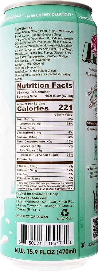 O's Bubble Gummy Boba Latte Canned Bubble Tea Drink With Chewy Boba Pearls (Konjac) 22% whole milk blend 470ml(15.9 fl oz/can) BROWN SUGAR (Pack of 12)