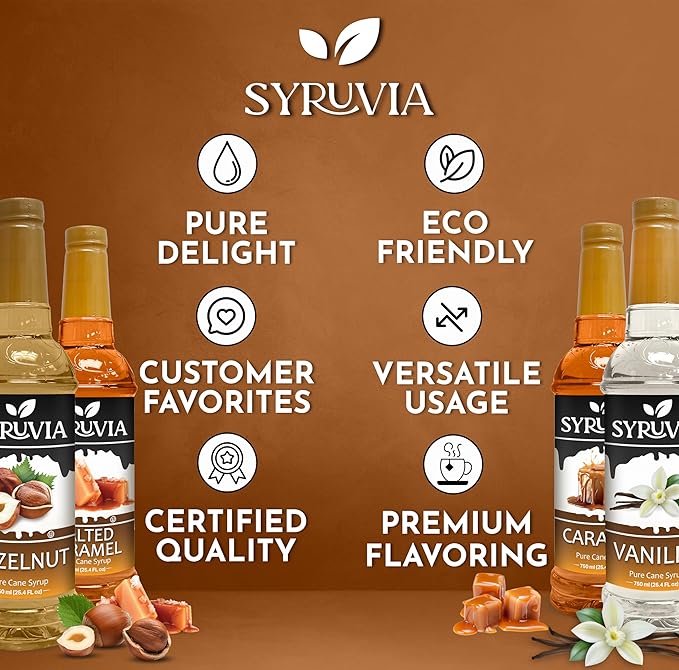 Syruvia Coffee Syrup Variety Pack Vanilla Caramel Hazelnut &amp Salted Caramel Kosher 25.4 fl oz bottles - Elevate Your Coffee Experience!