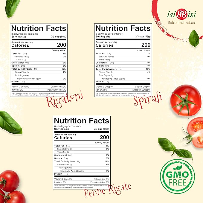 isiBisi Gluten-Free Pasta Sampler 6-Pack - Penne Rigatoni Spirali Noodles - Non GMO Vegan Made in Italy