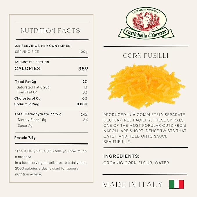 Rustichella d'Abruzzo Organic Corn Fusilli (Pack of 2) 250g Each - Gluten-Free Pasta - Subtle Corn Flavor - Spiral Shape for Hot &amp Cold Dishes