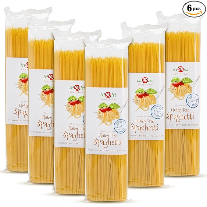 isiBisi Gluten-Free Spaghetti Pasta 6-Pack - Artisanal Corn and Rice Noodles - Vegan Non-GMO Made in Italy (14.11 oz.)
