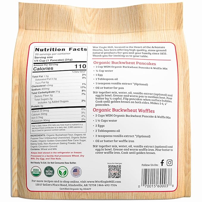 War Eagle Mill Organic Buckwheat Pancake &amp Waffle Mix 22 oz Bag (2 Pack)