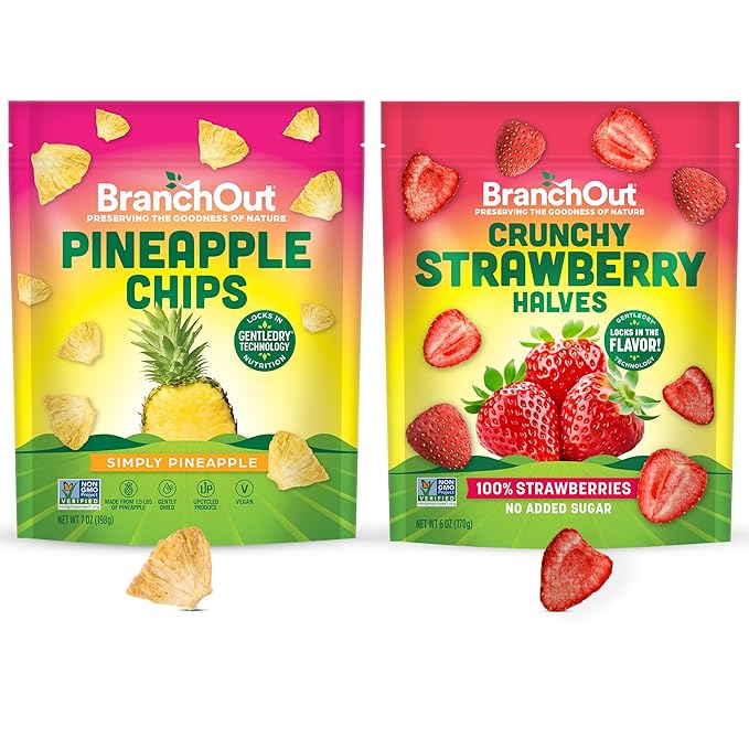 BranchOut Pineapple Chips (7 oz) and Crunchy Strawberry Halves (6 oz) Bundle No Sugar Added GentleDry Better than Freeze Dried Fruit Healthy Vegan Snacks for Kids &amp Adults