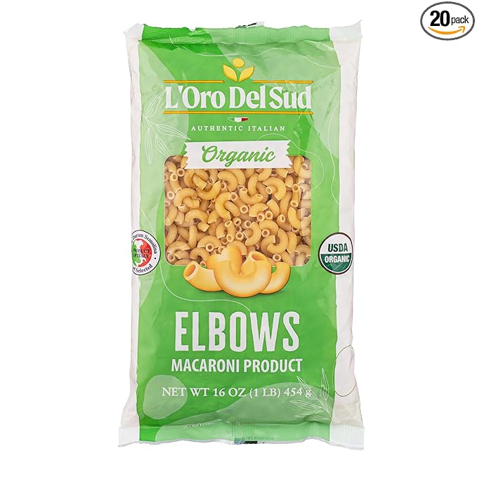 Organic Elbows Pasta 100% Durum Wheat Italian Pasta Premium Quality Product of Italy (20 pack x 16 Oz) Non GMO Vegan Kosher Certified by L'Oro del Sud