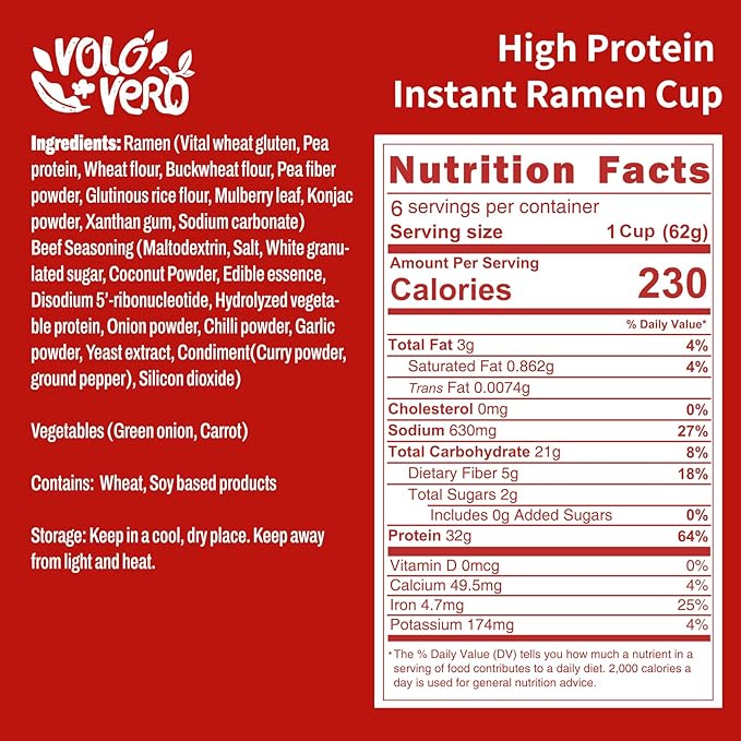 VOLO VERO High Protein (32g) Instant Ramen Spicy Beef Flavor Soup Cup 6 Packs Vegan Noodles Asian Plant-Based Non-Fried Low Fat Non-GMO Egg &amp Dairy Free Quick Healthy Meal Holiday Gift