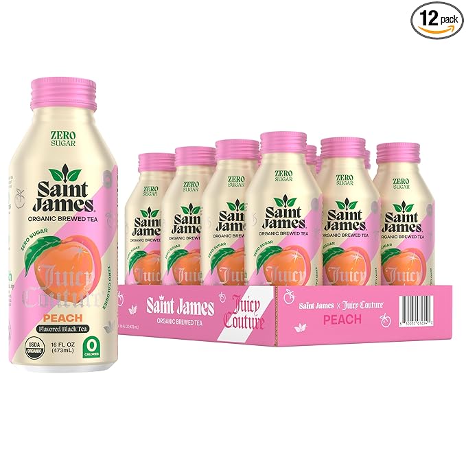Saint James Iced Tea x Juicy Couture Limited Edition - Organic Black Tea - Non-GMO Gluten Free Zero Calorie Zero Sugar - Juicy Peach 12 Pack (16 fl oz each)
