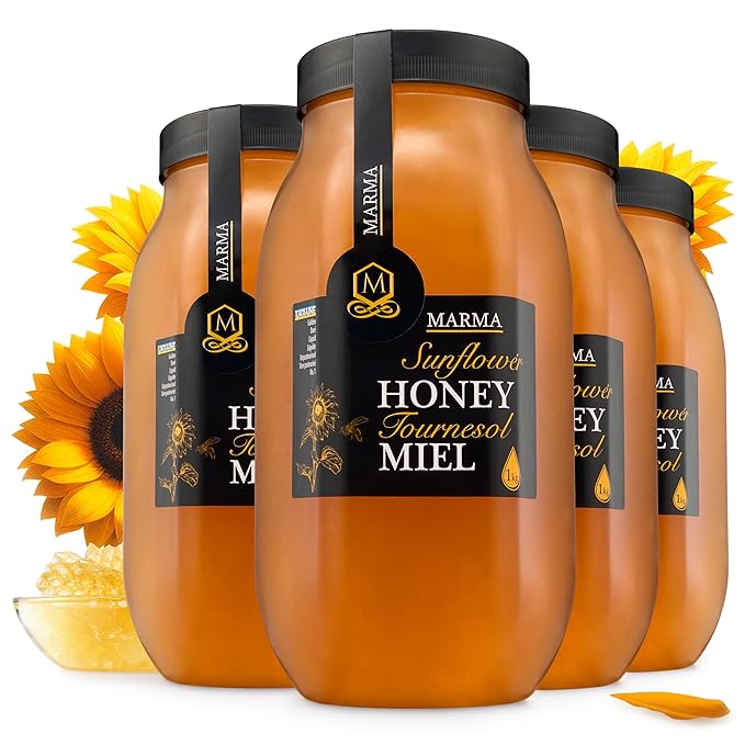 HONIGMA® Marma Sunflower Honey | Authentic Raw Honey from Ukraine | 100% Pure Unpasteurized &amp Fully Crystallized | 1000g/35.2oz | Naturally Solid Texture | Pack of 4