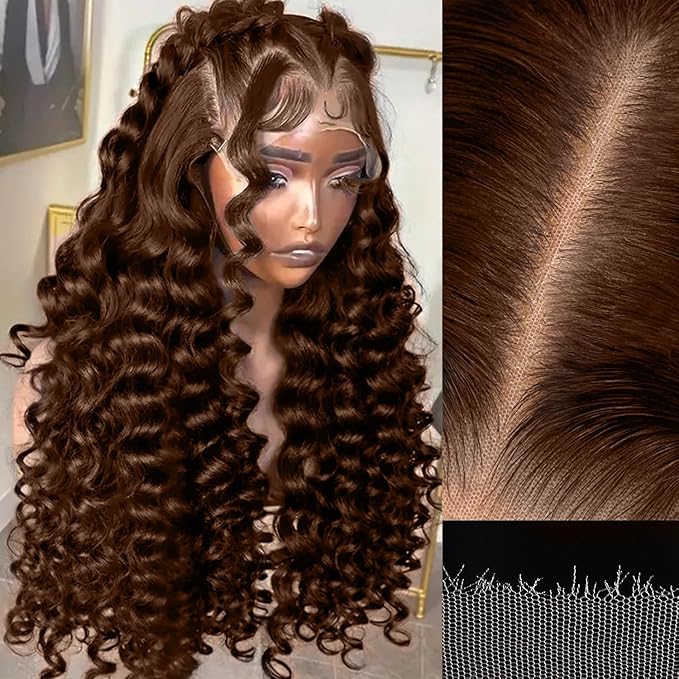 5x5 SKINLIKE Real HD Lace Closure Wig Chocolate Brown Loose Body Wave 250% Density 0.10mm Ultra-thin Swiss Lace Pre-plucked Bleached Small Knots With Baby Hair Brown Wig Human Hair Wigs 22 Inch