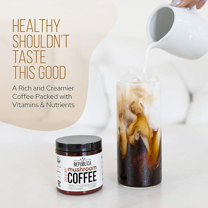 La Republica DECAF Organic Mushroom Coffee (35 Servings) with 7 Superfood Shrooms Great Tasting Instant Mix Includes Lion's Mane Reishi Chaga Cordyceps Shiitake Maitake and Turkey Tail (Decaffe