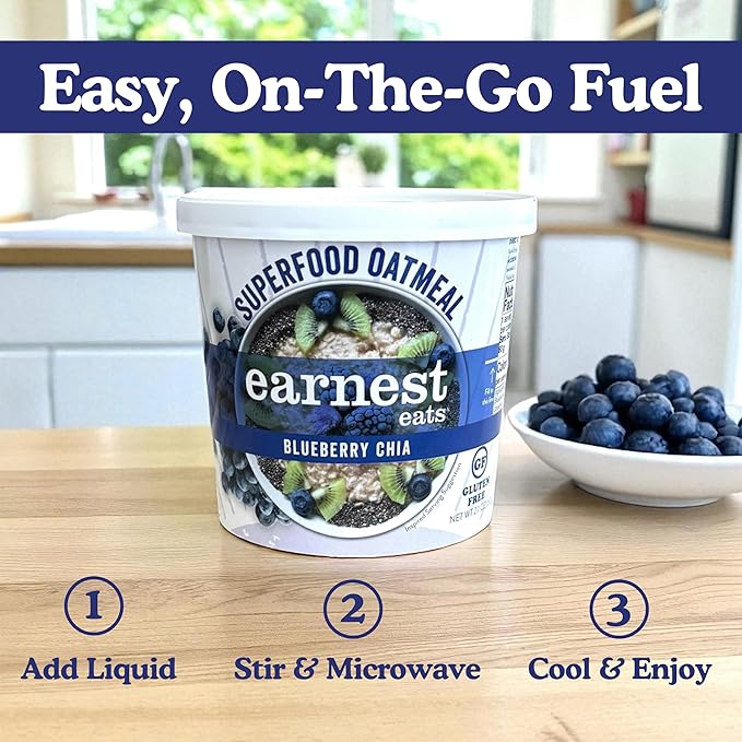 Earnest Eats Superfood Oatmeal Cups - Blueberry Chia – 6g Plant Protein Gluten Free Vegan On-the-Go Breakfast 2.1 Ounces Each (6 Pack)
