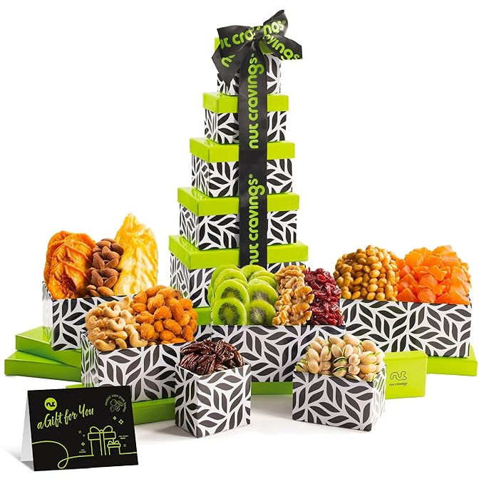 NUT CRAVINGS - Easter Dried Fruit &amp Mixed Nuts Gift Basket Leaf Tower + Ribbon (12 Assortments) Ramadan Gifts Saint Patrick's Day Food Arrangement Healthy Snack Care Package Kosher