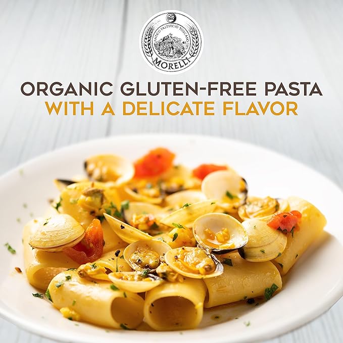 Morelli Organic Gluten Free Pasta Noodles Paccheri - Italian Gourmet Organic Large Circle Tube Made from Corn and Rice Imported Pasta from Italy - 8.8 oz - Pack of 16
