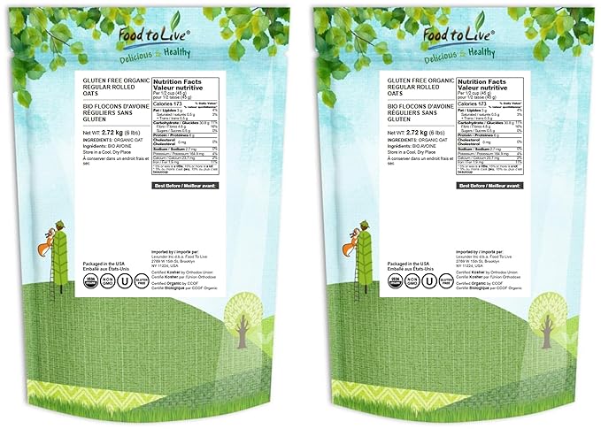 Food to Live Gluten Free Organic Regular Rolled Oats 12 Pounds – Non-GMO Old-Fashioned 100% Whole Grain Vegan Bulk. Rich in Fiber. Great for Oatmeal Cereal Granola Cookies. Made in USA