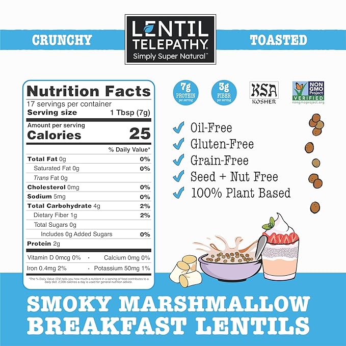 Lentil Telepathy SMORES Breakfast Variety Pack - Kosher Crunchy Toasted Lentils for Healthy Breakfast Plant-Based Gluten-Free Non-GMO Vegan-Friendly Oil-Free - 3-Pack 4 Ounce Bags