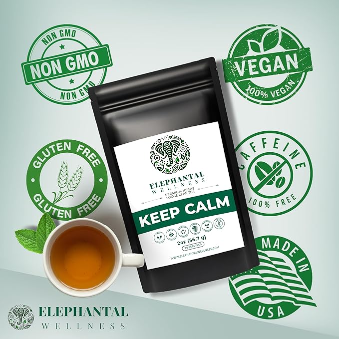 Elephantal Wellness Keep Calm Herbal Tea | Stress Relief &amp Mood Support with Ashwagandha Lemon Balm Chamomile Valerian &amp St. John’s Wort | Handmade Caffeine-Free Loose Leaf Blend | 2oz 20