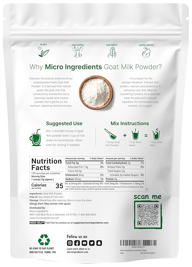 Micro Ingredients Goat Milk Powder 2 Lb | Grass-Fed Australian Source | Pure Easily Digested Formula | High in Protein Calcium &amp Probiotics | Non-GMO Gluten-Free Pet Friendly