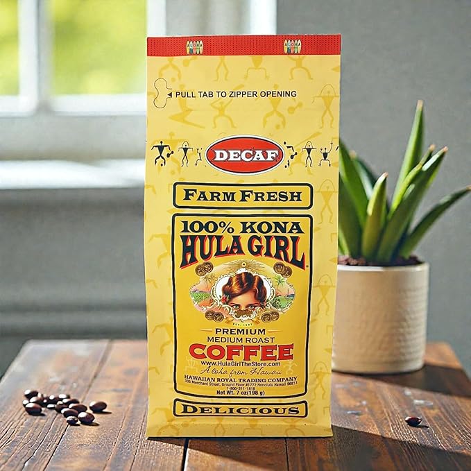 HULA GIRL 100% KONA COFFEE Grown in Hawaii Hand Picked Sun Dried Fresh Roasted and Packed in Hawaii for 30 years (7 Ounce (Pack of 1) 100% Kona Decaf Ground)