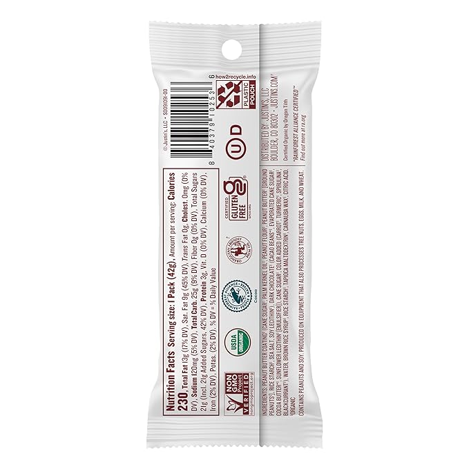 Justin's Dark Chocolate Peanut Butter Candy Pieces 12pk of 1.5oz bags Organic Gluten Free Non-GMO Responsibly Source Rainforest Alliance Certified Cocoa
