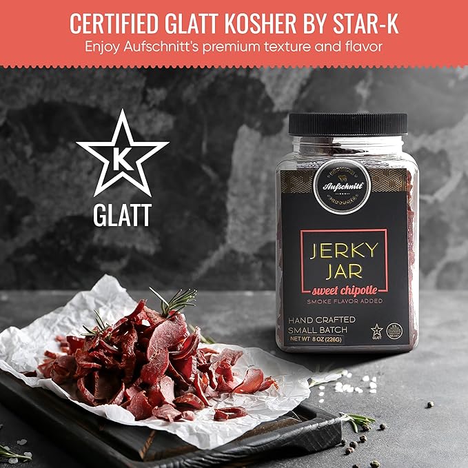 Aufschnitt Meats Beef Jerky Jar - Grass Fed Beef - Kosher and Keto Friendly - Gift Idea - 8 oz Jar Sweet Chipotle