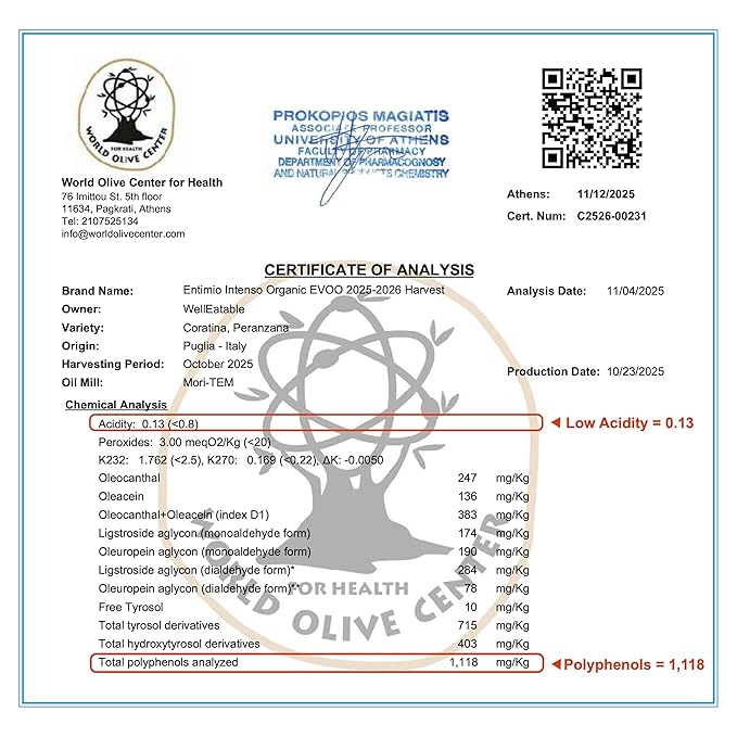 Entimio Intenso Organic Italian Extra Virgin Olive Oil from Italy 1000+ mg/kg High in Polyphenols 2025 Gold Winner Puglia Early Harvest evoo Cold Extracted Lab Tested - 16.9 fl oz