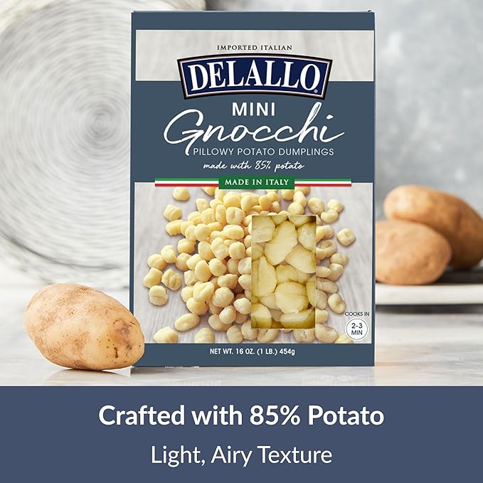 DeLallo Mini Potato Gnocchi Pasta Made in Italy Light and Airy Texture Small-Sized Dumplings for Soups and Baked Dishes Kosher Non-GMO 16 oz Box (4 Pack)